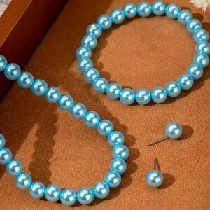 Faux Baby Blue Pearl Necklace, Earrings, and Bracelet Set